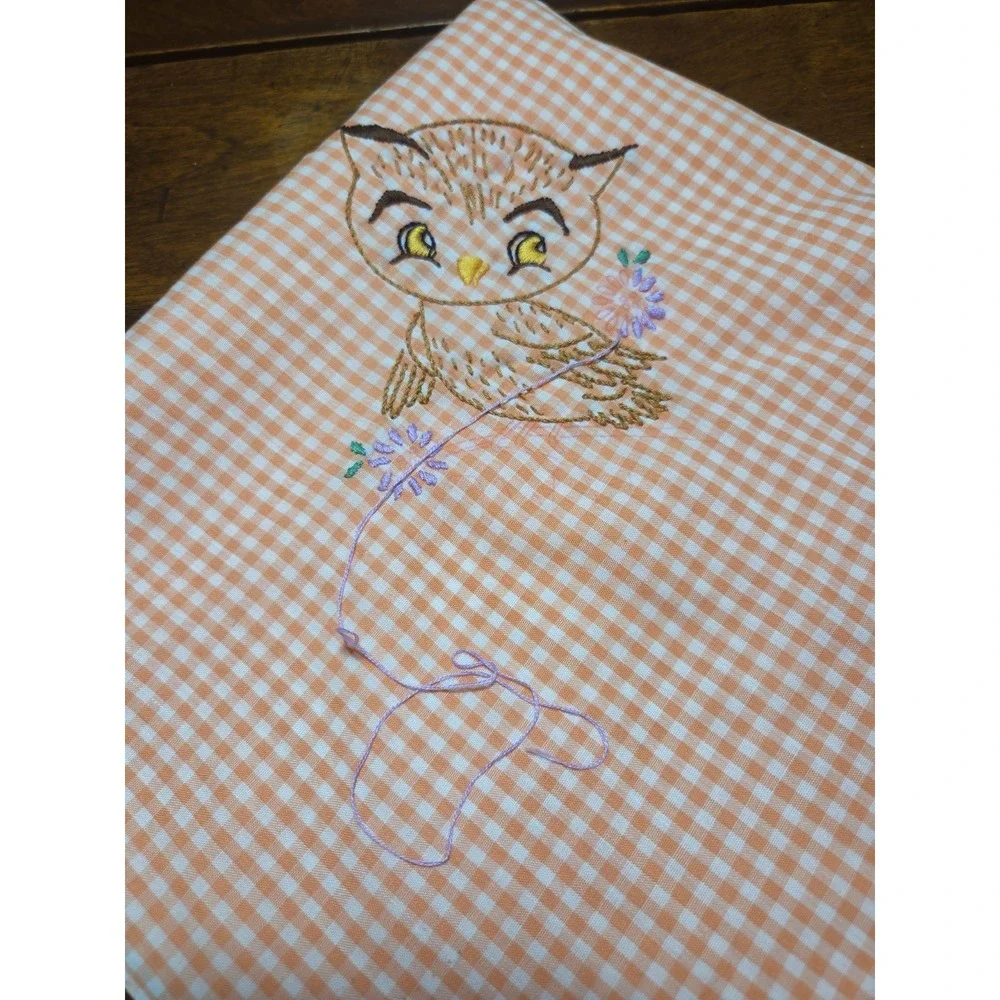 Owl Embroidered Gingham Peach Orange Table Cloth Cover 44